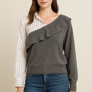 Andrée by Unit‎ One Shoulder Contrast Top Gray/White